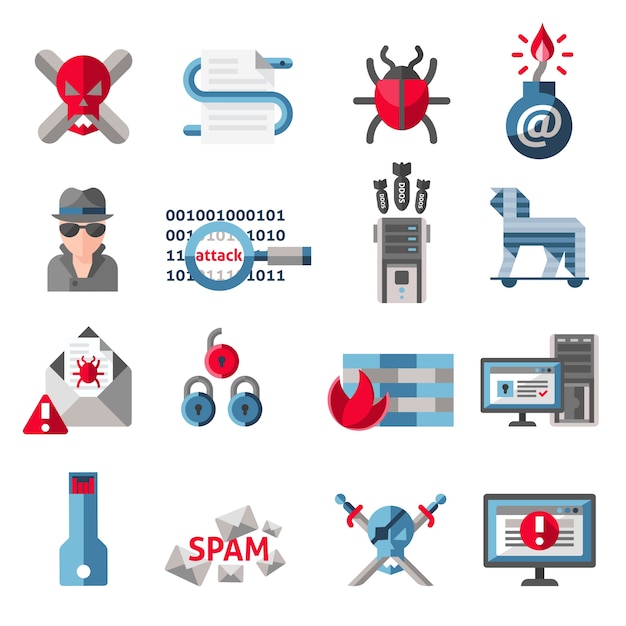 Hacker activiteit computer en e-mail spam virussen iconen set geïsoleerde vector illustratie