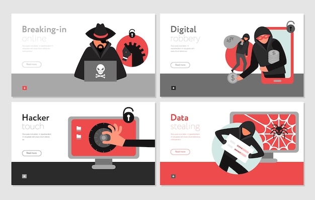 Hacker-activiteitenset van horizontale banners die computersystemen breken