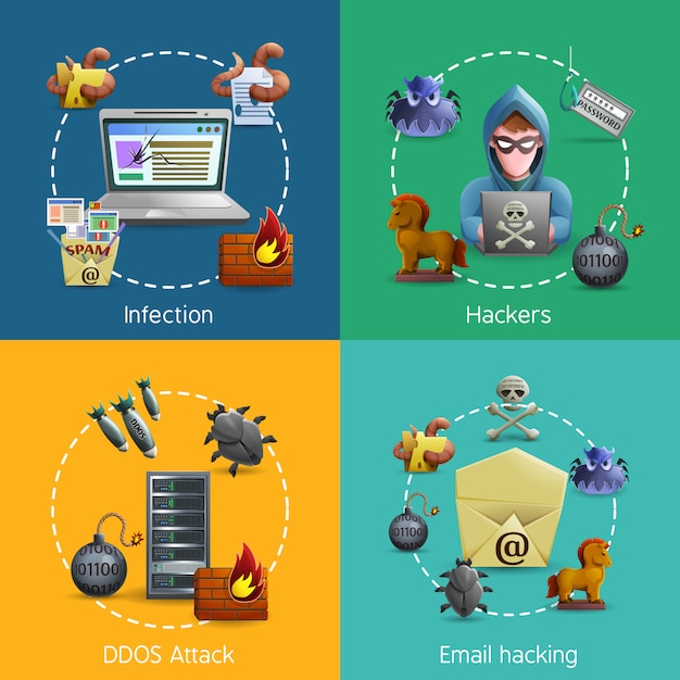 Hacker Cyber Aanval Pictogrammen Concept