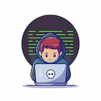 Gratis vector hacker met een laptop cartoon pictogram illustratie. technologie pictogram concept geïsoleerd. platte cartoon stijl