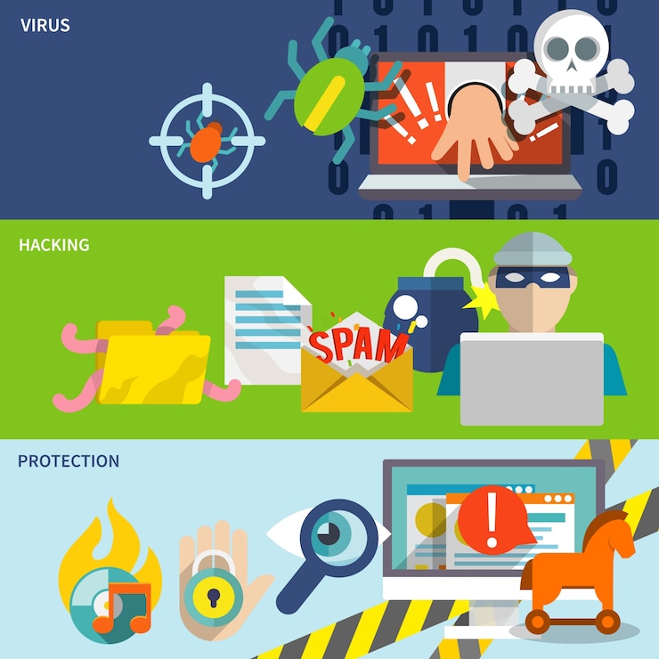 Gratis Vector hacker pictogrammen platte banner set