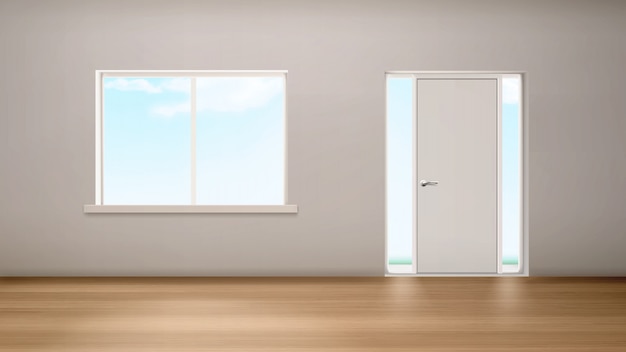 Gratis vector hal interieur raam en deur met glazen panelen