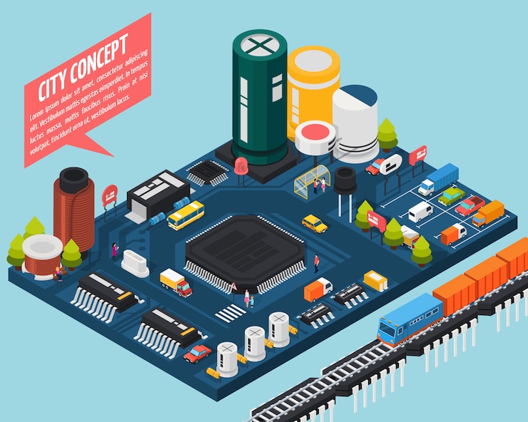 Gratis Vector halfgeleider elektronische componenten isometrische stad concept