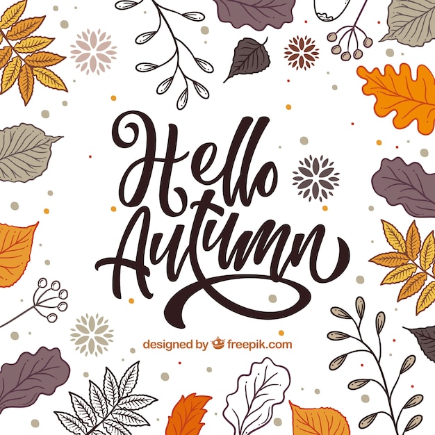 Hallo herfst belettering achtergrond met bladeren