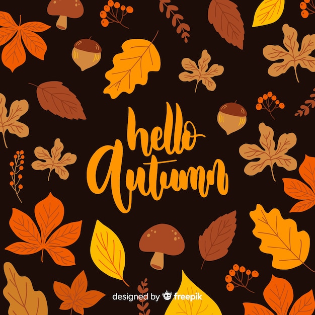 Hallo herfst belettering achtergrond met bladeren