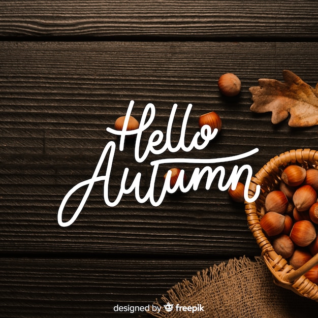 Hallo herfst belettering achtergrond met foto