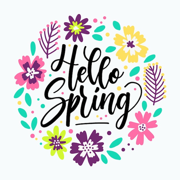 Gratis vector hallo lente belettering met bloemen