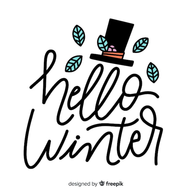 Hallo winter belettering en hoge hoed met bladeren