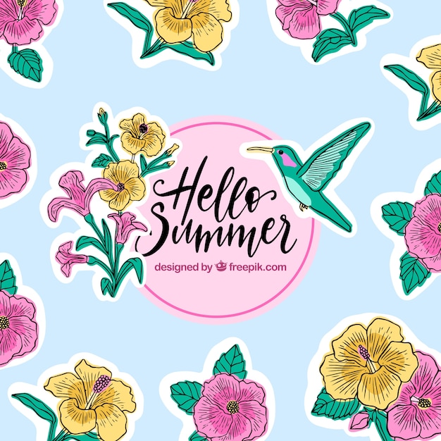 Hallo zomer achtergrond met bloemen en kolibrie