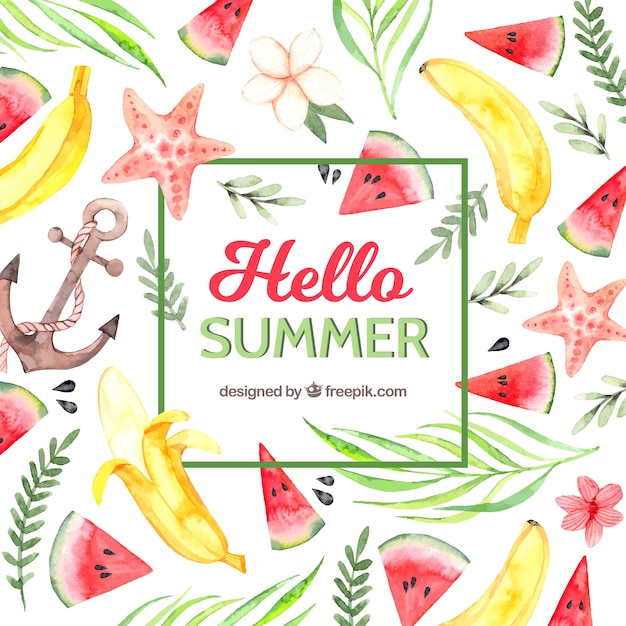 Hallo zomer achtergrond met fruit en planten in aquarel stijl