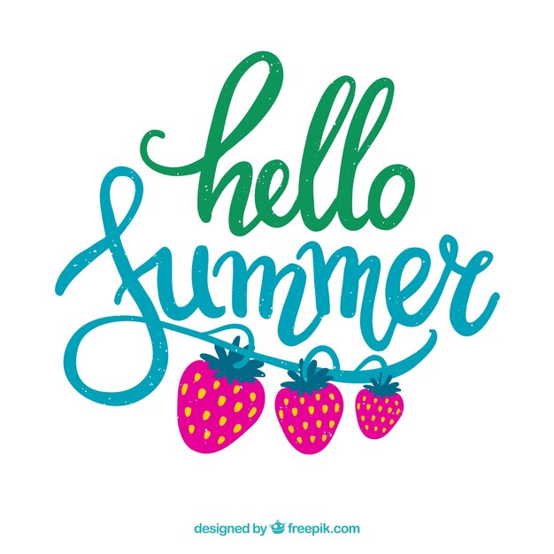 Hallo zomer belettering met aardbeien in de hand getrokken stijl