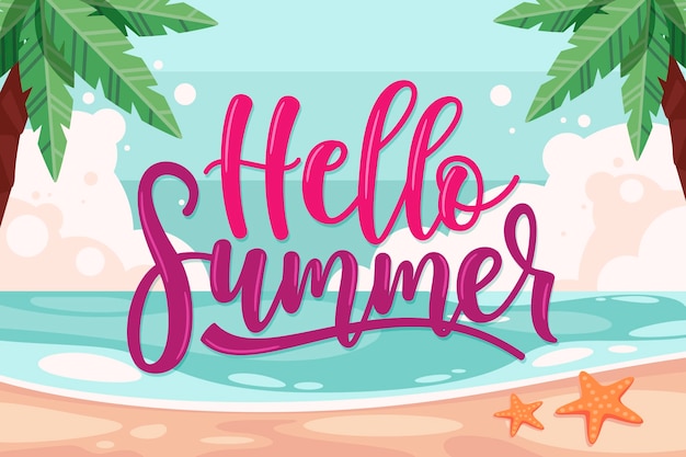 Gratis vector hallo zomer belettering met strand en palmbomen