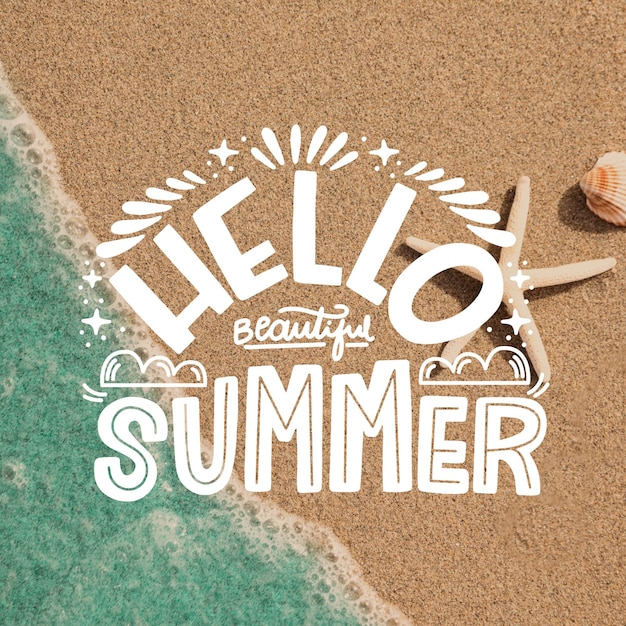 Gratis vector hallo zomer belettering met strand