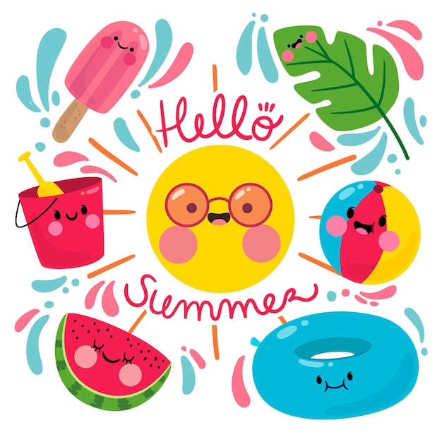 Gratis vector hallo zomer met zon en watermeloen