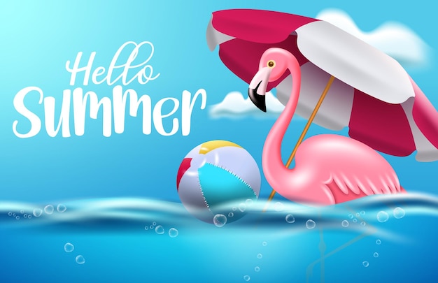 Hallo zomer vectorbannerontwerp hallo zomertekst met flamingo en strandbal