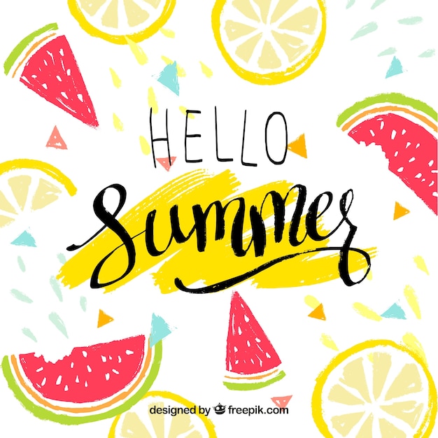 Gratis vector hallo zomerachtergrond met heerlijk en vers fruit