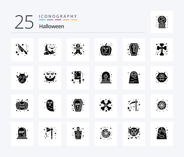 Gratis vector halloween 25 solid glyph icon pack inclusief vakantie doodskist gingerbread man teken pompoen