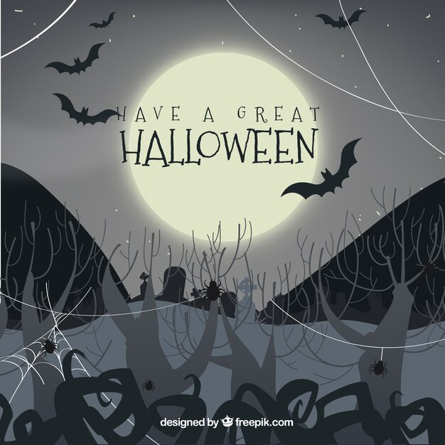 Gratis vector halloween achtergrond met begraafplaats en volle maan