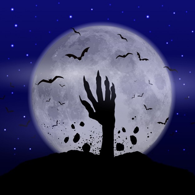 Gratis vector halloween achtergrond met de hand zombie losbarsten uit de grond