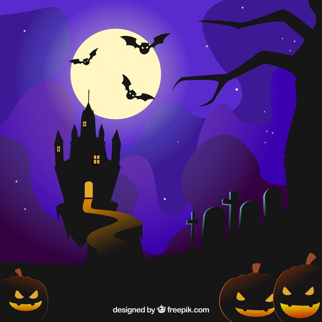 Halloween achtergrond met een kasteel en vleermuizen vliegen