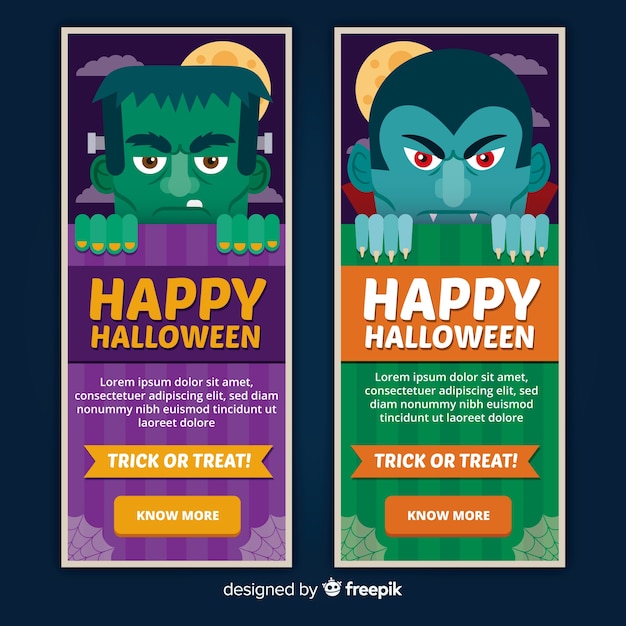 Halloween-bannermalplaatjes met karakters in vlak ontwerp