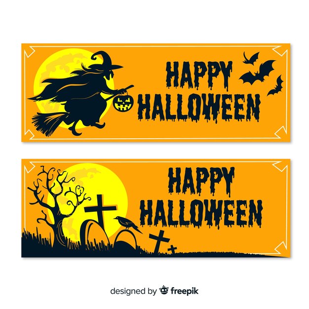 Halloween-banners met heks, knuppels en begraafplaats