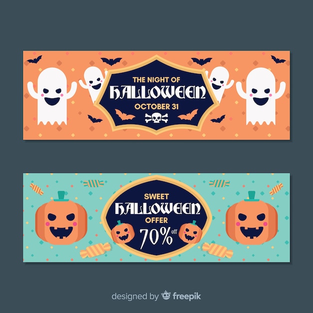 Gratis vector halloween-banners met spoken en pompoenen