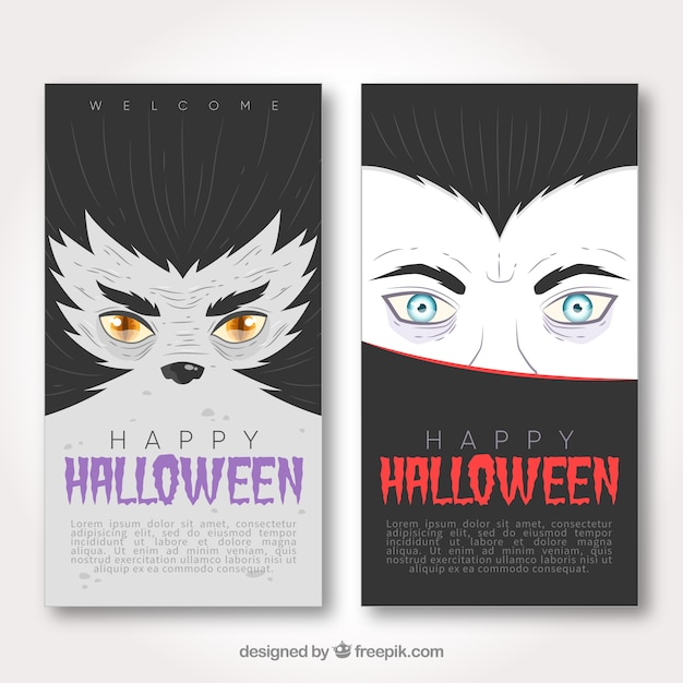 Gratis vector halloween banners met vampier en wolfman