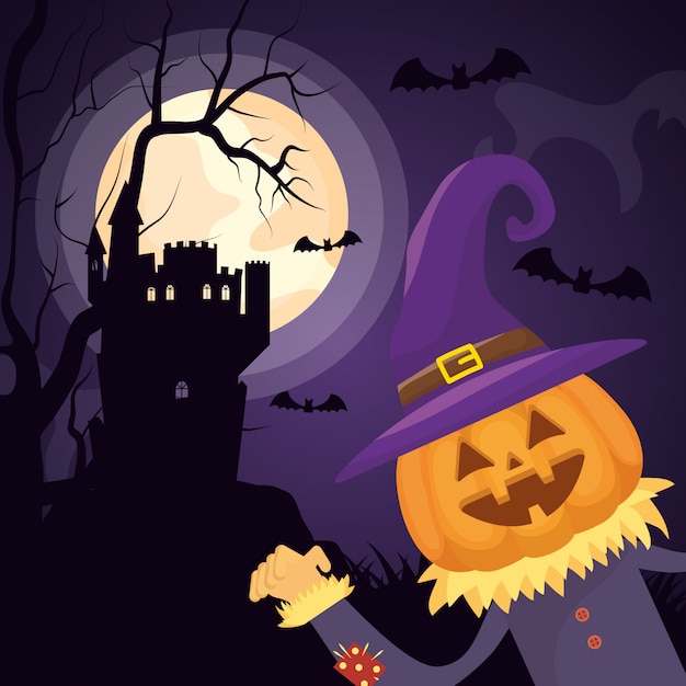 Halloween donker kasteel met pompoenkarakter