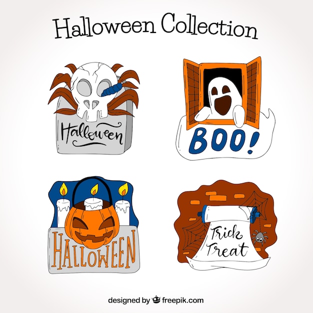 Gratis vector halloween etiketten met handgetekende stijl