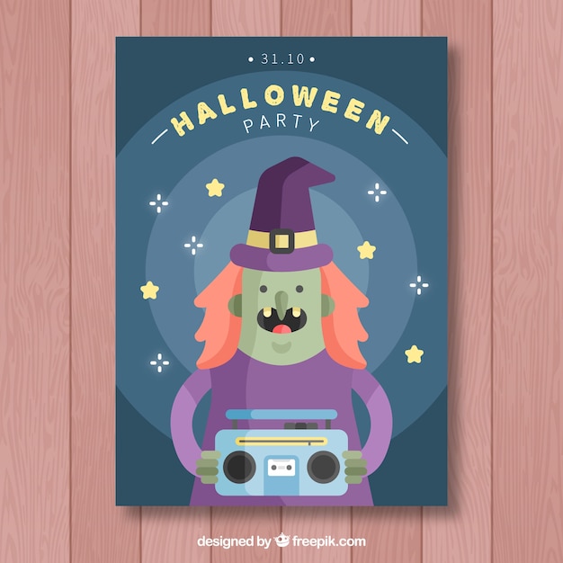 Gratis vector halloween feest poster met heks in plat ontwerp