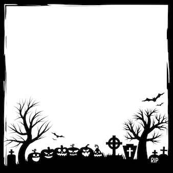 Halloween-feestuitnodigingen of wenskaartenbanner met traditionele halloween-symbolen. flyer met plaats voor tekstvoorbeeld met textuur in een eenvoudig grungeframe. vectorillustratie in zwart-wit.