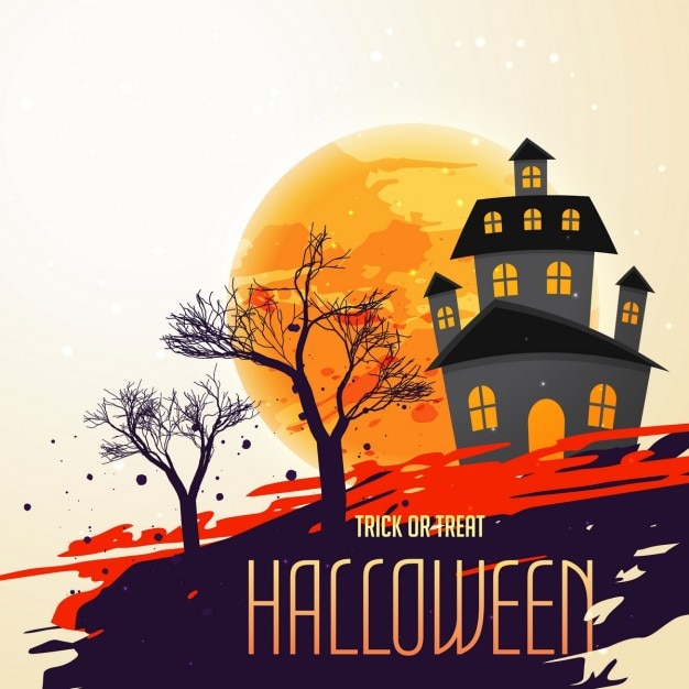 Gratis vector halloween festival achtergrond met huis en bomen