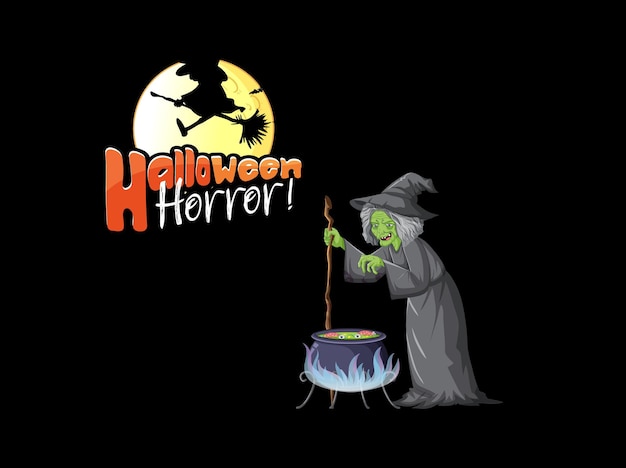 Halloween horror-logo met oude heks stripfiguur
