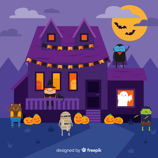 Gratis vector halloween-huisachtergrond met achtervolgde karakters