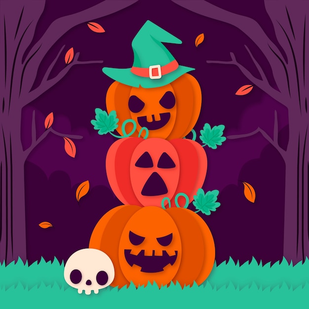 Gratis vector halloween-illustratie in papieren stijl met pompoenen