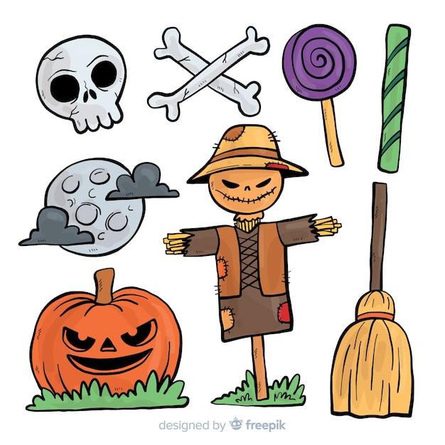 Gratis vector halloween-in hand getrokken stijl van de elementeninzameling