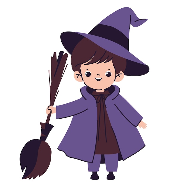 Gratis vector halloween jongen gekleed als een paarse heks personage