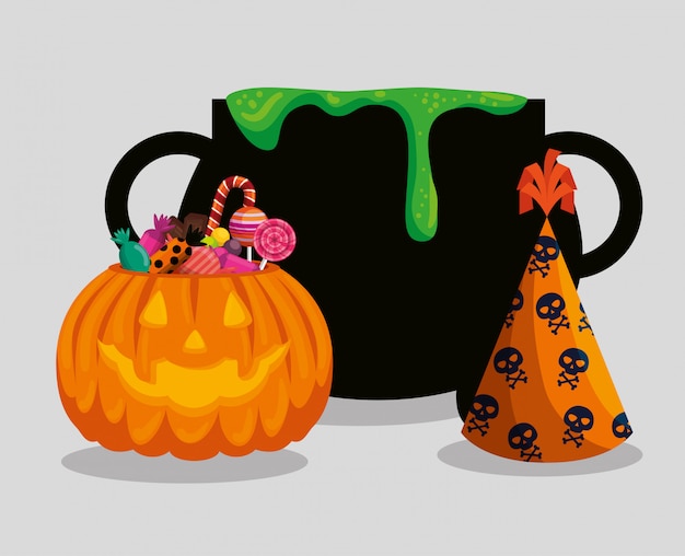 Gratis vector halloween-kaart met ketel en pompoen