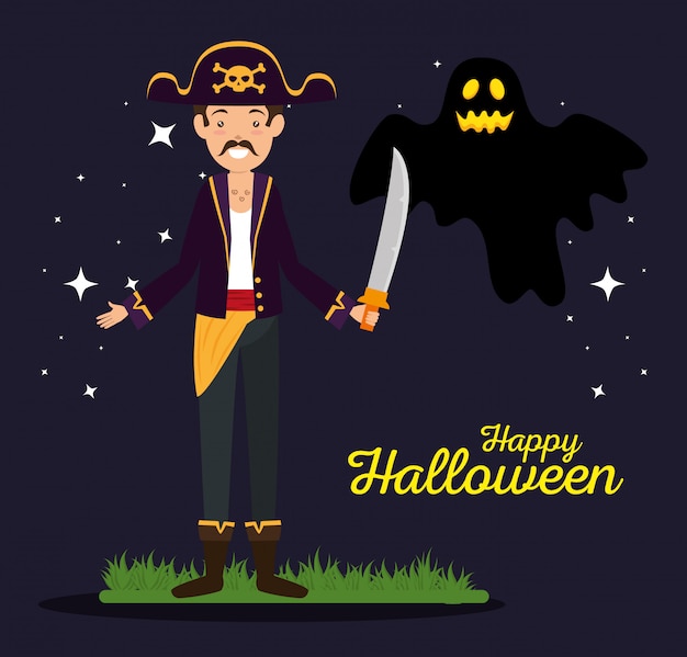 Gratis vector halloween-kaart met piraat en geest