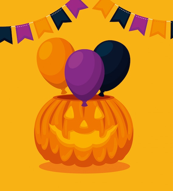 Gratis vector halloween-kaart met pompoen en ballonnen partij