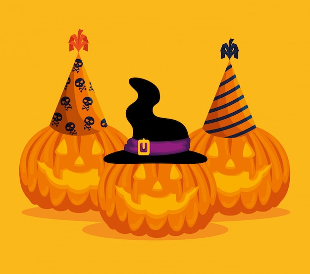 Gratis vector halloween-kaart met pompoenen en hoeden