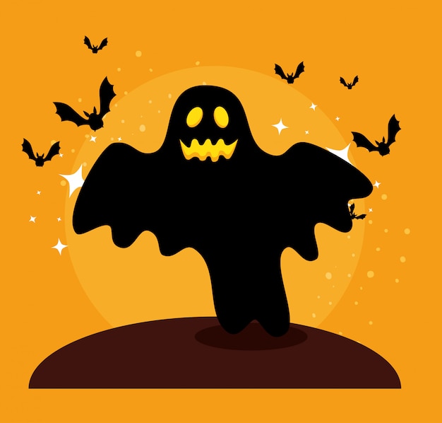 Halloween-kaart met spook en vleermuizen vliegen