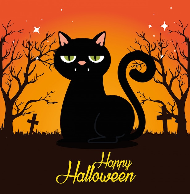 Gratis vector halloween-kaart met zwarte kat op het kerkhof