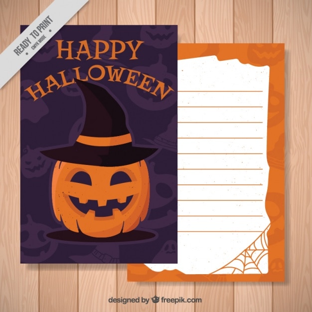 Gratis vector halloween kaart van pompoen met heksenhoed