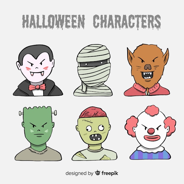 Gratis vector halloween-karaktersinzameling ter beschikking getrokken stijl