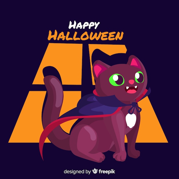 Halloween-kattenachtergrond in vlak ontwerp