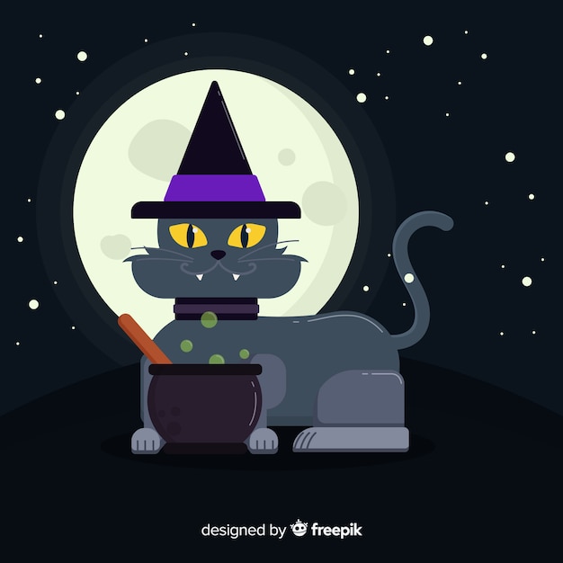 Gratis vector halloween-kattenachtergrond in vlak ontwerp