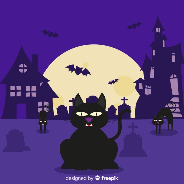 Halloween-kattenachtergrond in vlak ontwerp