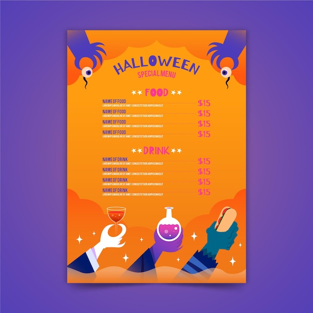 Gratis vector halloween menusjabloon in plat ontwerp